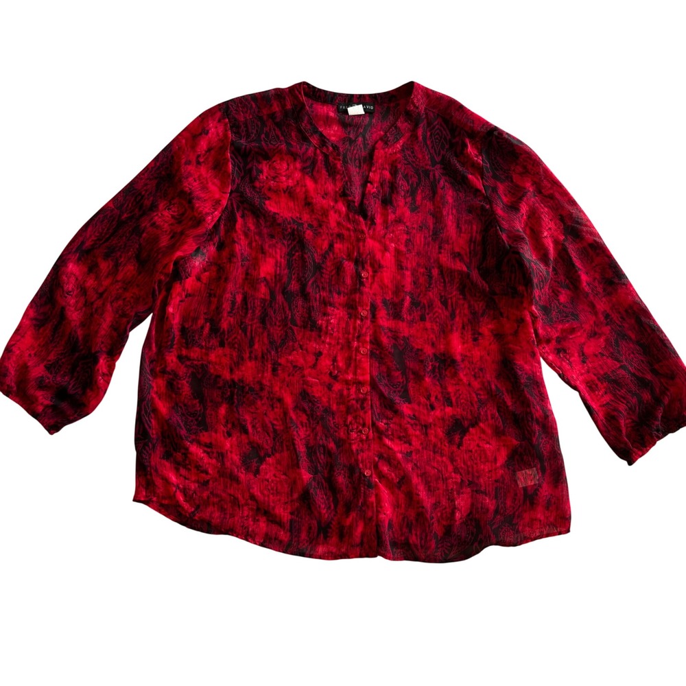 Fred David Sheer Blouse Top Womens 3X Red Black Abstract Paisley Button Flowy